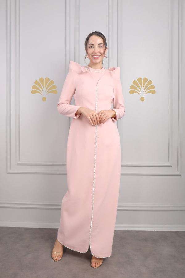 Hakim Yaka Modern Kesim Detaylı Taş İşlemeli Tesettür Abiye Pembe