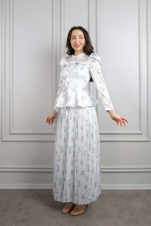 Yakası Transparan Beli Fiyonk Detaylı Desenli Saten Pileli Etek Takım Mavi