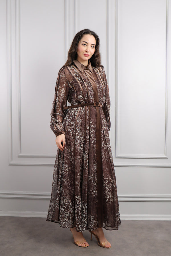 Gömlek Yaka Beli Kemerli Kadife Detaylı Desenli Midi Boy Şifon Elbise Kahverengi