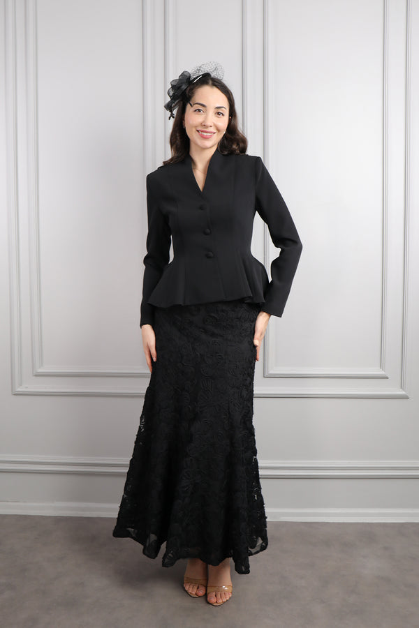 Ceketi Bağlamalı Çanta Ve Saç Aksesuar Detaylı Çiçekli Etek Takım Siyah