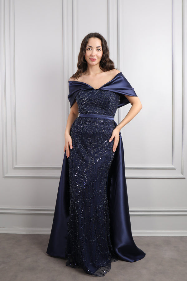 Kayık Yaka Boncuk İşlemeli Pelerin Detaylı Büyük Beden Abiye Lacivert