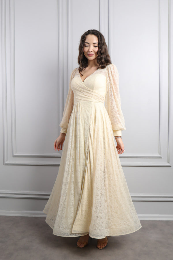 V Yaka Balon Kol Yırtmaçlı Büyük Beden Midi Boy Abiye Bej