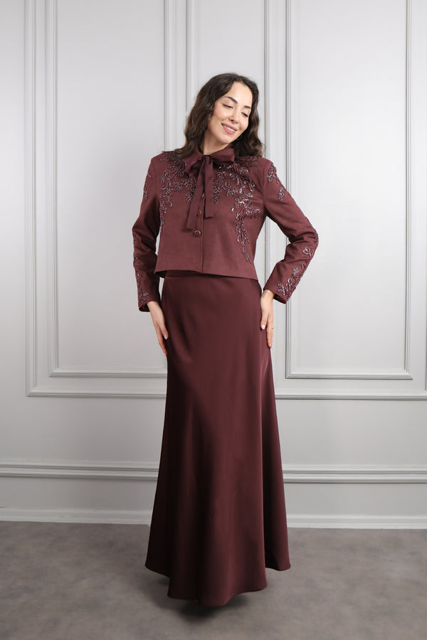 Ceketi Boncuk İşlemeli Saten Etek Takım Bordo