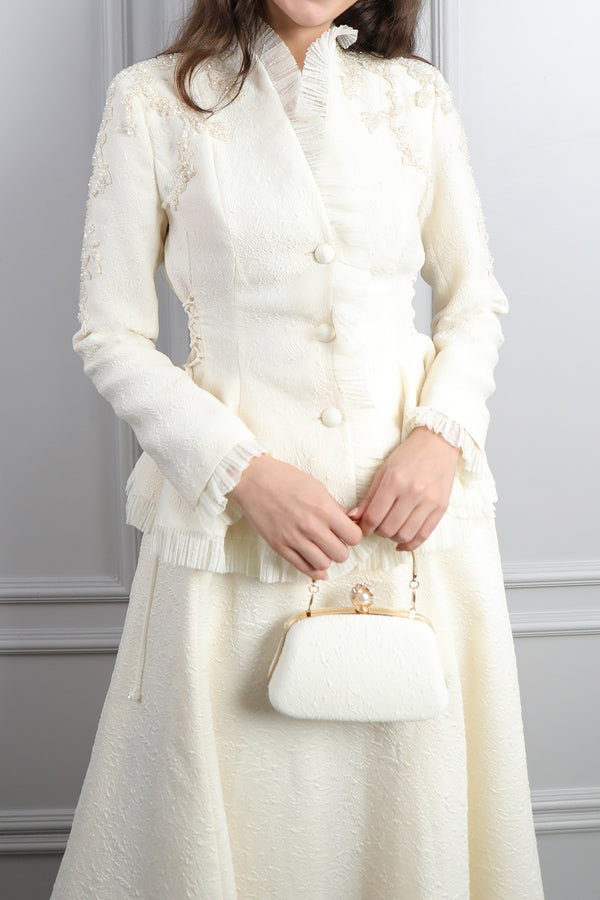 Ceketi Fırfırlı Boncuk İşlemeli Çanta Aksesuar Detaylı Etek Takım Ekru