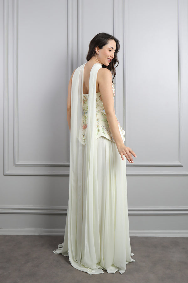 Straplez Korsesi Taş İşlemeli Fular Detaylı Şifon Abiye Kemik