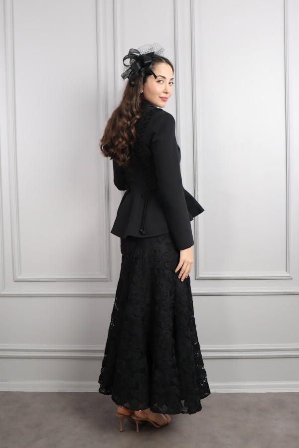 Ceketi Bağlamalı Çanta Ve Saç Aksesuar Detaylı Çiçekli Etek Takım Siyah