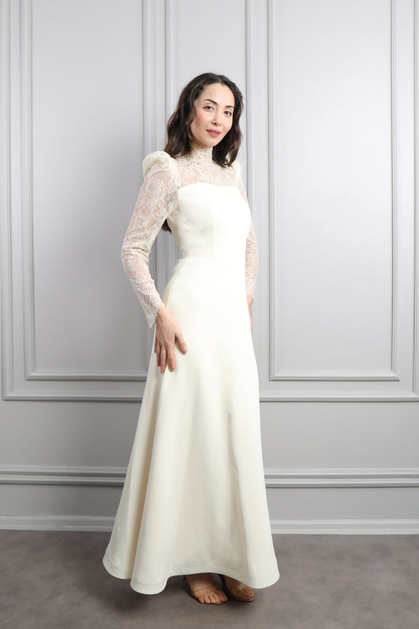 Yakası Ve Kolları Dantelli Elbise Ekru