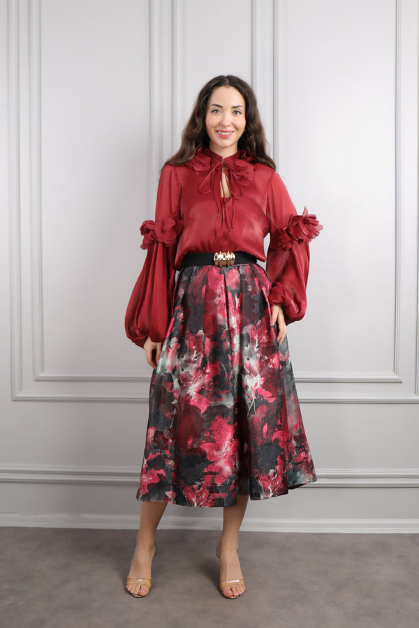 Yakası Bağlamalı Beli Kemerli Desenli Büyük Beden Etek Takım Bordo