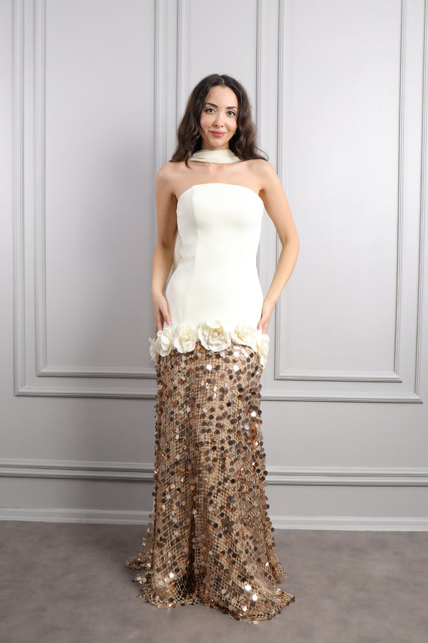 Straplez Fular Detaylı Eteği Payetli Abiye Ekru-Gold