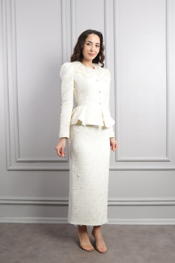 Bebe Yaka Çiçek Detaylı Tüvit Etek Takım Ekru