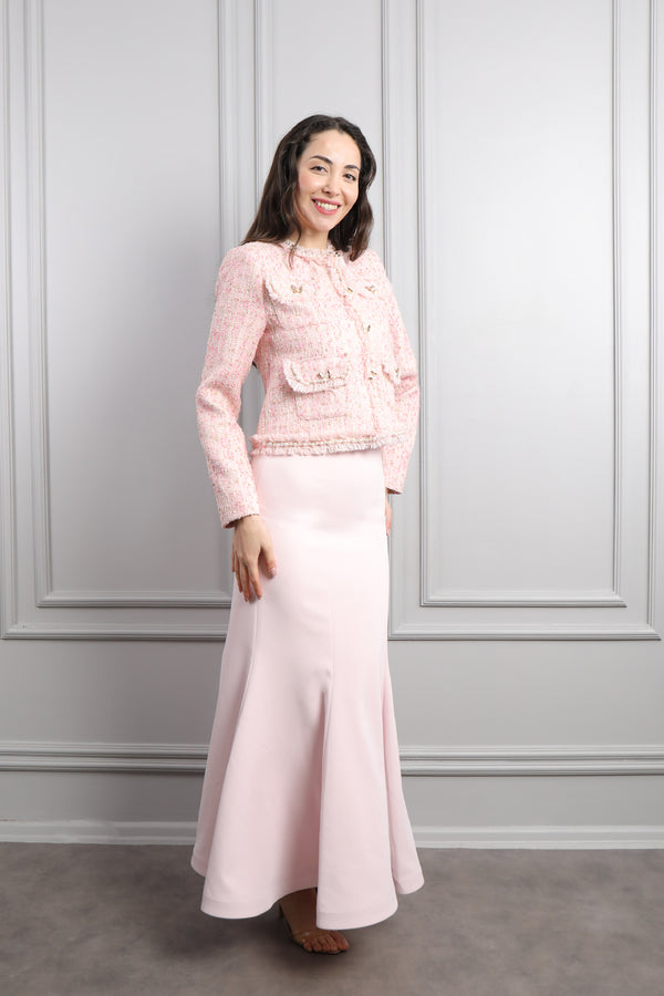 Ceketi Cep Detaylı Tüvit Etek Takım Pudra