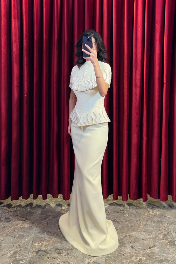 Straplez Bolero Detaylı Kristal Taş İşlemeli Abiye Sarı