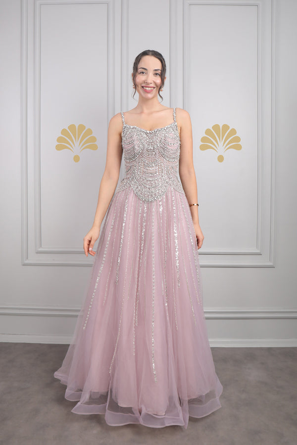 İnce Askılı Taş Ve Boncuk İşlemeli Tüllü Büyük Beden Tasarım Abiye Mor