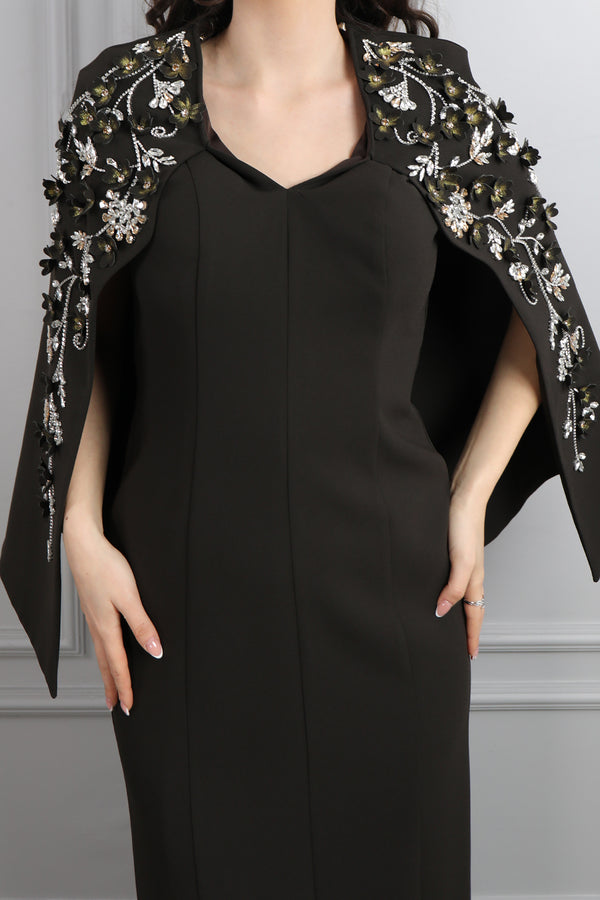 V Yaka Pelerini Taş Ve Çiçek Detaylı Büyük Beden Abiye Kahve