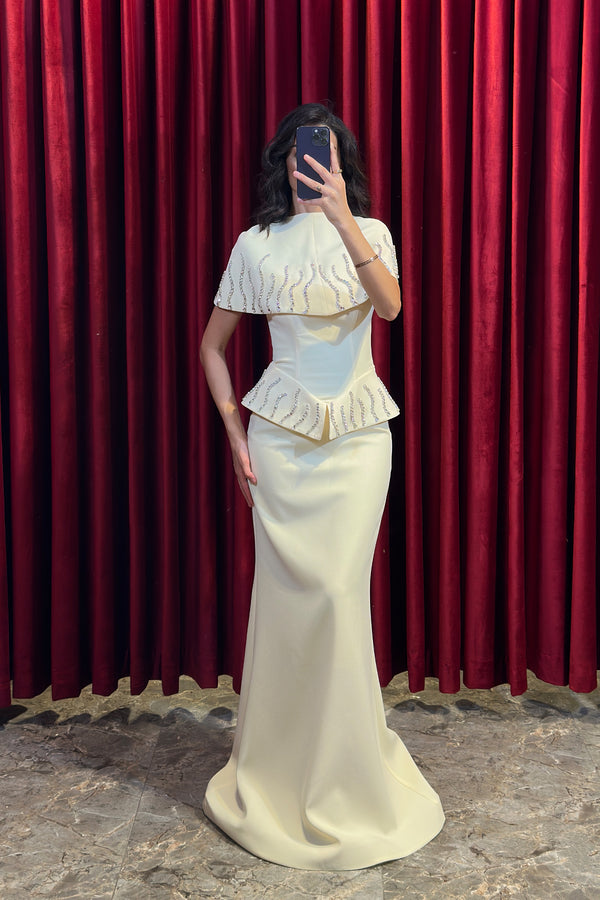 Straplez Bolero Detaylı Kristal Taş İşlemeli Abiye Sarı