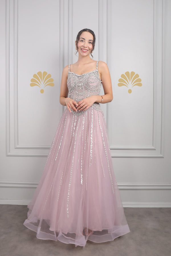 İnce Askılı Taş Ve Boncuk İşlemeli Tüllü Büyük Beden Tasarım Abiye Mor