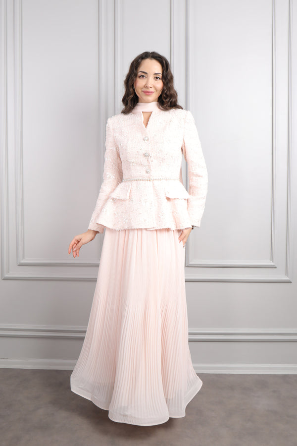 Önü Düğme Detaylı İnci Kemerli Tüvit Etek Takım Pudra