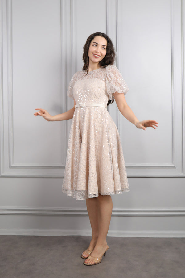 Balon Kol Beli Kemerli Simli Kısa Abiye Bej