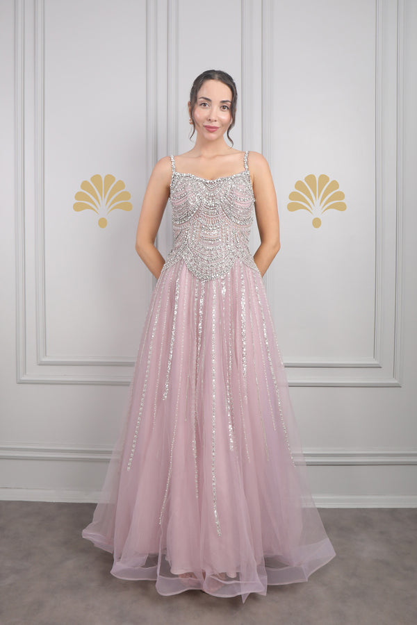 İnce Askılı Taş Ve Boncuk İşlemeli Tüllü Büyük Beden Tasarım Abiye Mor