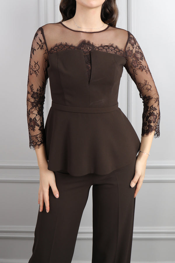 Beli Kemerli Trasparan Detaylı Pantolon Takım Kahve