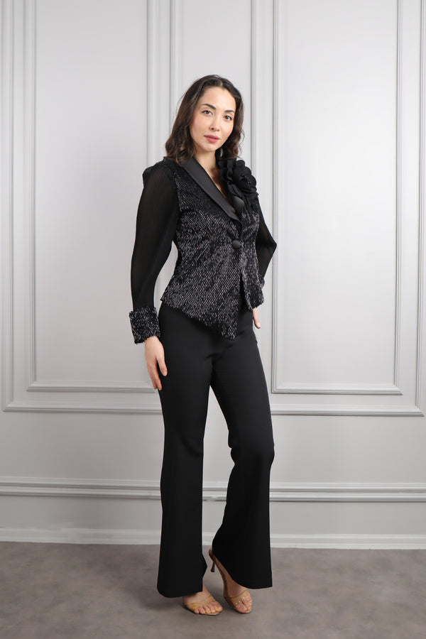 Ceketi Boncuk İşlemeli Çiçek Detaylı Asimetrik Kesim Pantolon Takım Siyah