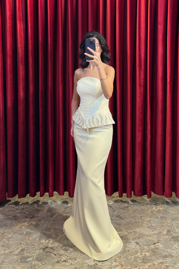 Straplez Bolero Detaylı Kristal Taş İşlemeli Abiye Sarı