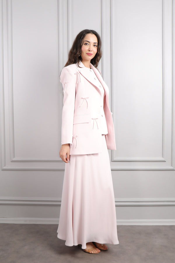 Ceketi Fiyonk Detaylı Üçlü Etek Takım Pudra