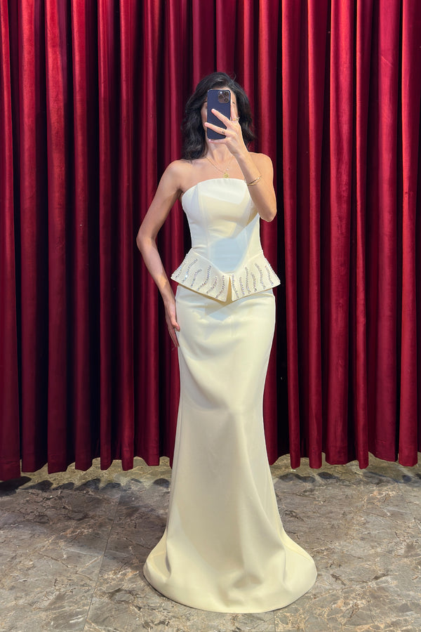 Straplez Bolero Detaylı Kristal Taş İşlemeli Abiye Sarı