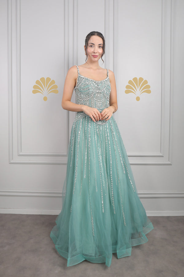 İnce Askılı Taş Ve Boncuk İşlemeli Tüllü Büyük Beden Tasarım Abiye Yeşil