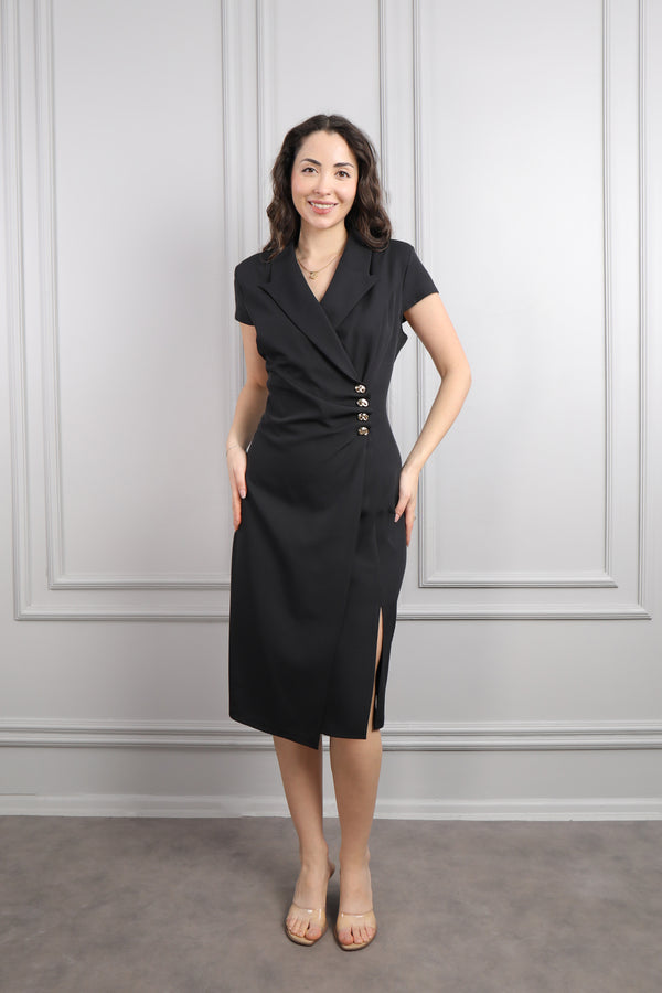 V Yaka Beli Drapeli Düğme Detaylı Büyük Beden Midi Boy Elbise Siyah