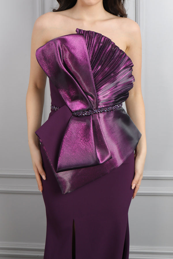 Straplez Önü Fiyonk Görünümlü Beli Boncuk İşlemeli Büyük Beden Abiye Mürdüm