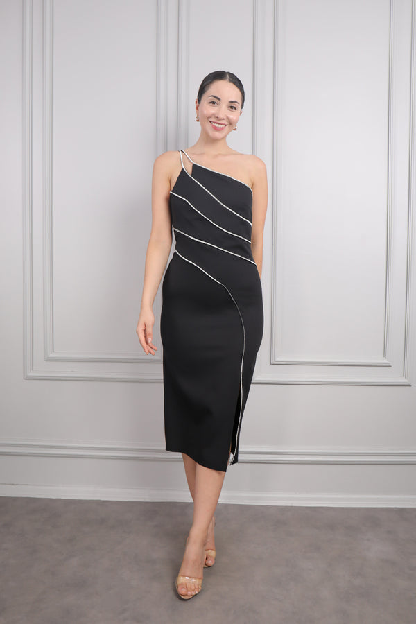 Tek Omuz Taş Şerit Detaylı Elbise Siyah