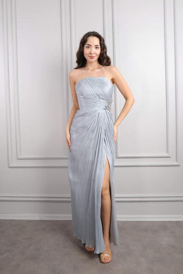 Straplez Beli Boncuk İşlemeli Pileli Şifon Abiye Gri