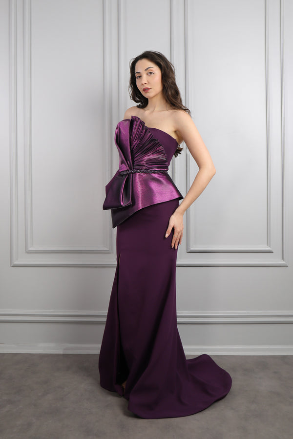 Straplez Önü Fiyonk Görünümlü Beli Boncuk İşlemeli Büyük Beden Abiye Mürdüm