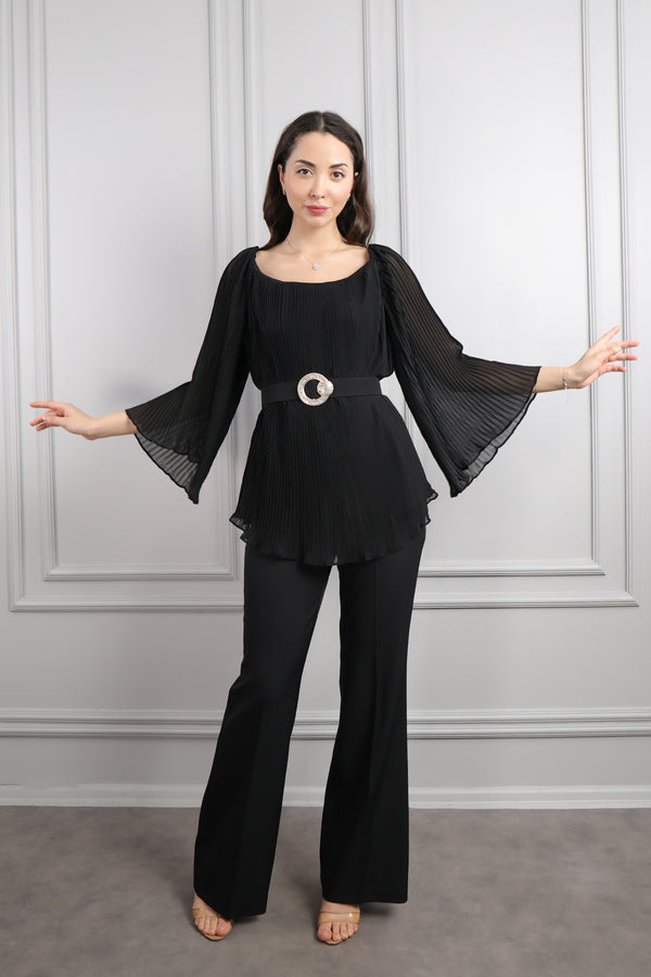 Geniş Yaka Beli Kemerli Pileli Büyük Beden Pantolon Takım Siyah