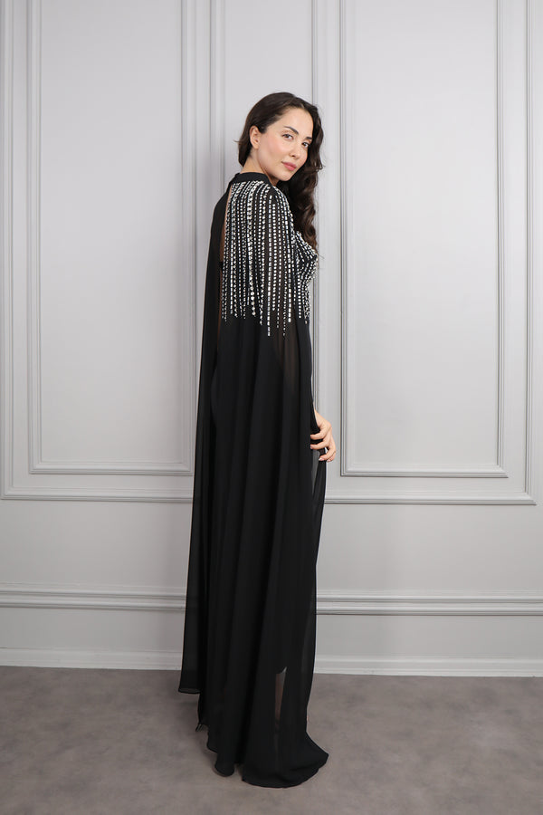 Straplez Taş İşlemeli Pelerin Detaylı Abiye Siyah