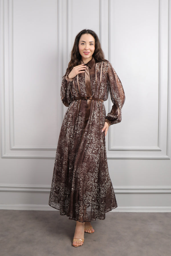 Gömlek Yaka Beli Kemerli Kadife Detaylı Desenli Midi Boy Şifon Elbise Kahverengi