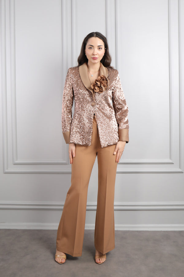 Ceketi Çiçek Detaylı Boncuk İşlemeli Pantolon Takım Fındık