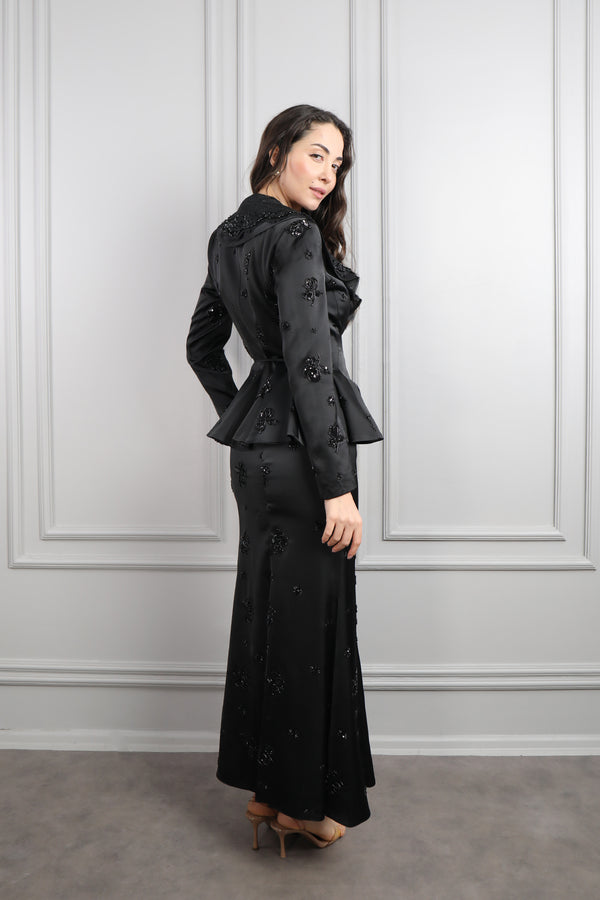 Bebe Yaka Beli Bağlamalı Boncuk İşlemeli Etek Takım Siyah