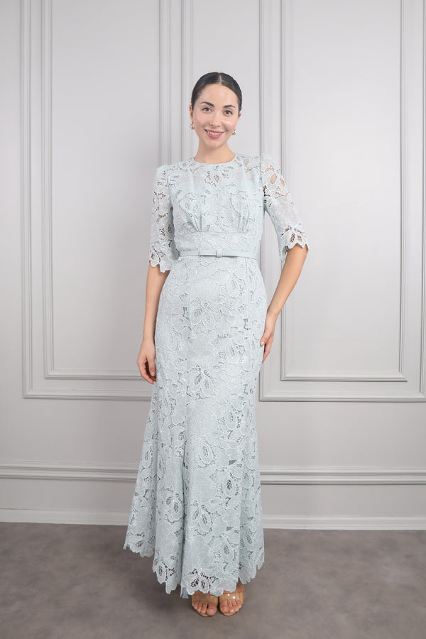 Oval Yaka Beli Kemerli Dantelli Elbise Mint