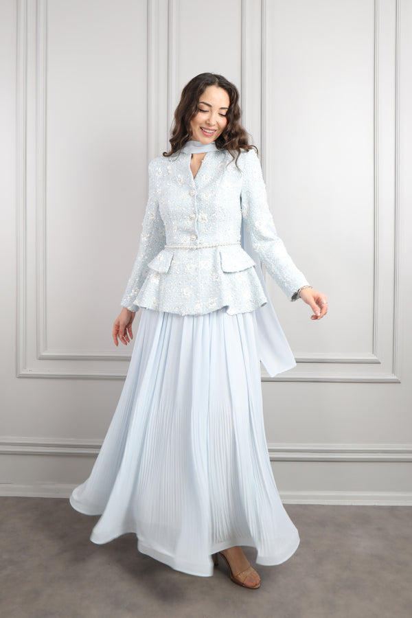 Önü Düğme Detaylı İnci Kemerli Tüvit Etek Takım Mavi