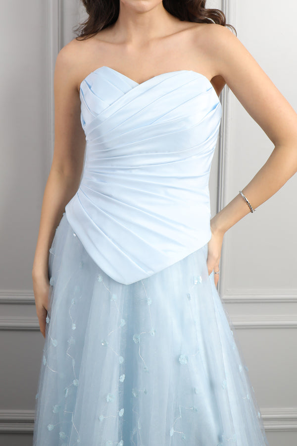 Straplez Drapeli Fular Detaylı Eteği Tüllü Abiye Bebe-Mavi