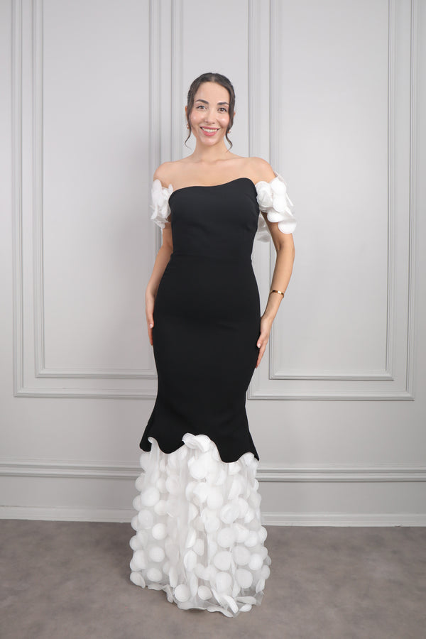 Kayık Yaka Kabarcık Tül Etek Detaylı Abiye Siyah-Ekru