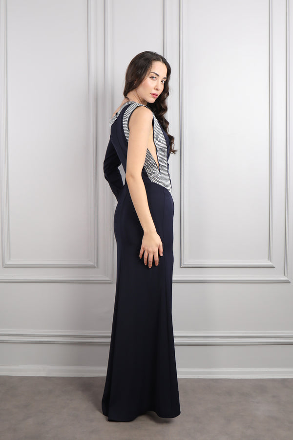 Asimetrik Yaka Tek Kollu Taş İşlemeli Yırtmaçlı Abiye Lacivert