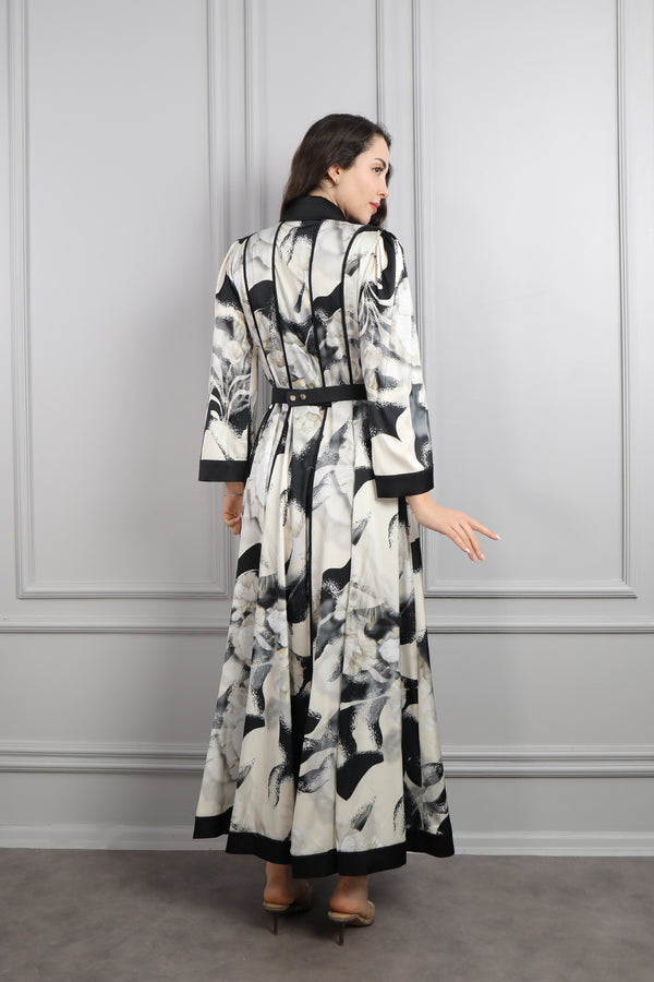 Gömlek Yaka Beli Kemerli Desenli Büyük Beden Saten Elbise Siyah