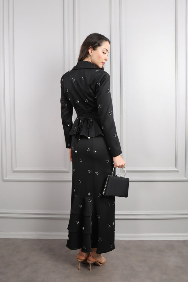 Önü Düğmeli Boncuk İşlemeli Çanta Aksesuar Detaylı Etek Takım Siyah