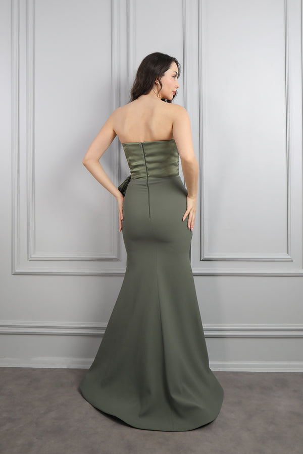 Straplez Boncuk İşlemeli Drapeli Büyük Beden Abiye Haki