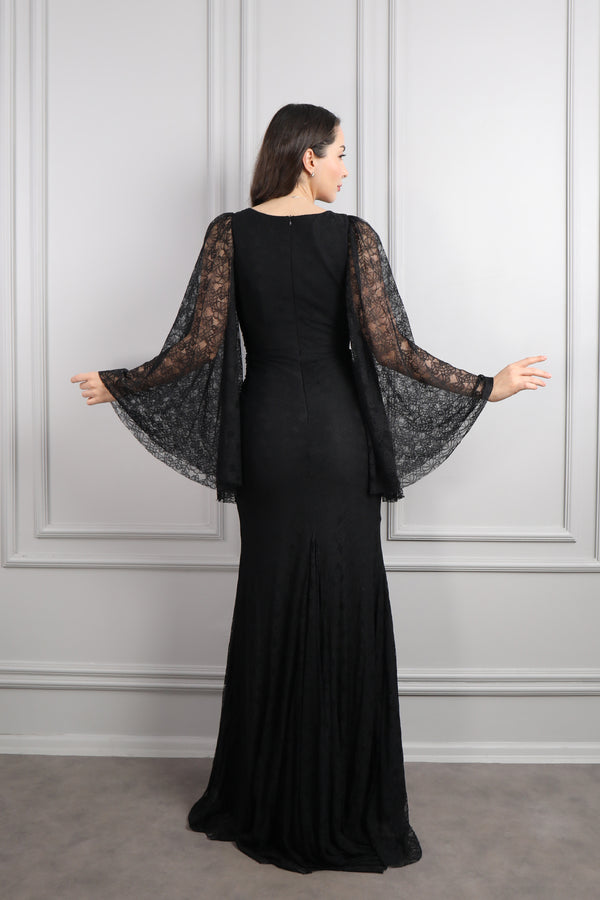 V Yaka Yarasa Kol İnci Detaylı Dantelli Büyük Beden Abiye Siyah