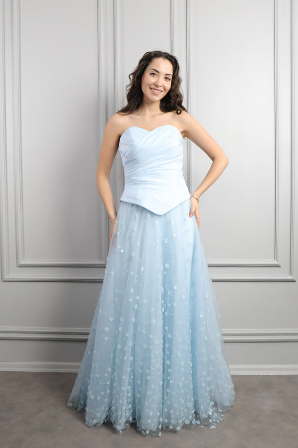 Straplez Drapeli Fular Detaylı Eteği Tüllü Abiye Bebe-Mavi