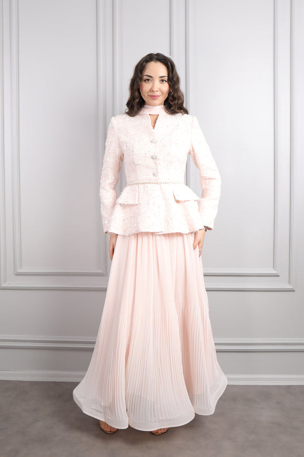 Önü Düğme Detaylı İnci Kemerli Tüvit Etek Takım Pudra